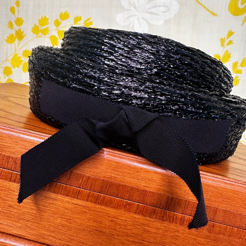 Vintage Amy New York Black Woven Straw Pillbox Hat Marshall Field Chicago Bow